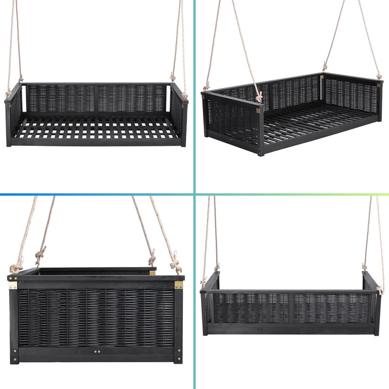 Outdoor Acacia Wood Twin Size 2-Seat Porch Swing Bench, Rattan Hanging Swing Chair Bed with Ropes for Patio, Garden, Backyard