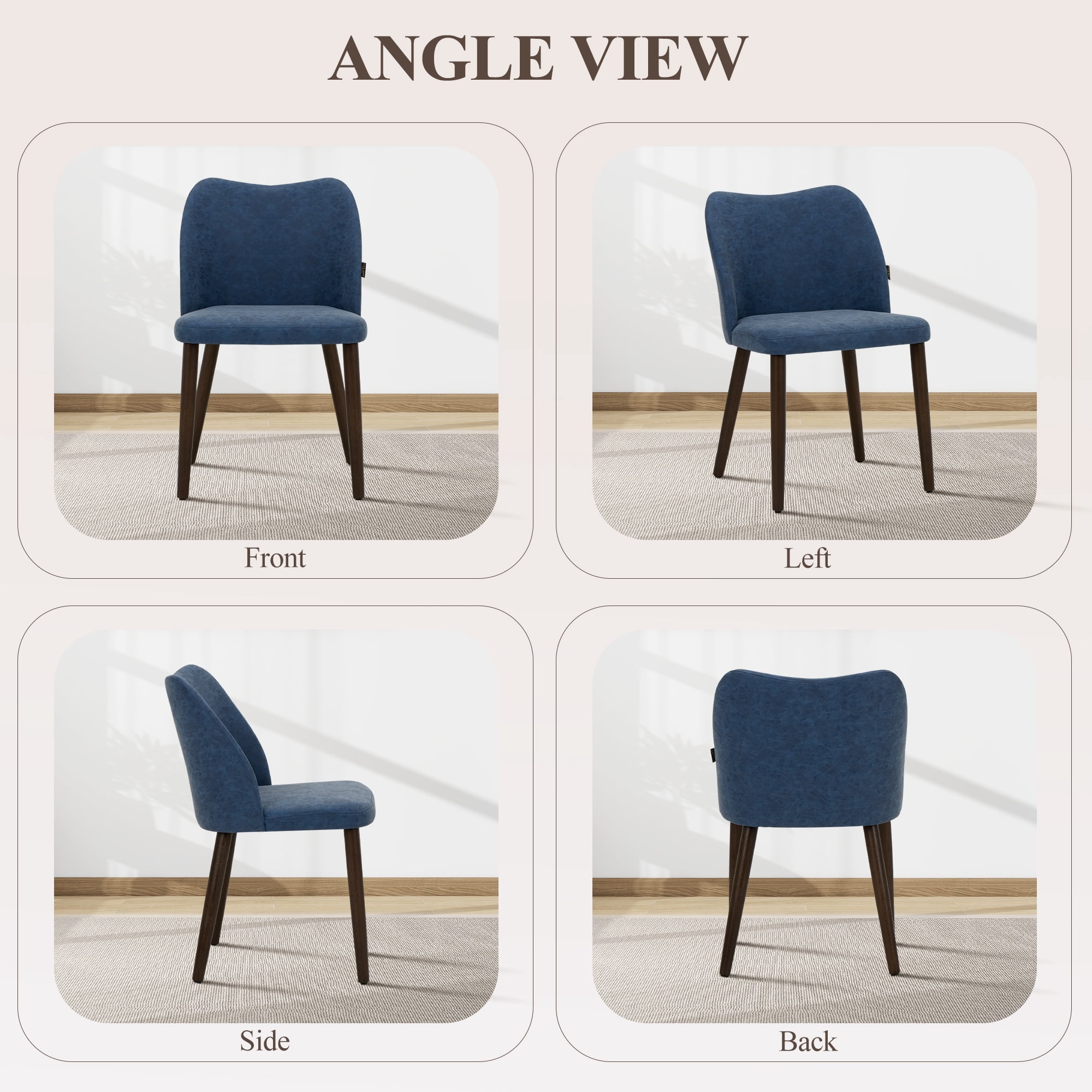 AFO PU Modern Dining Chairs with Wooden Legs, Upholstered Kitchen Side Chairs for Dining Room, Restaurant and Café, Set of 4, Blue