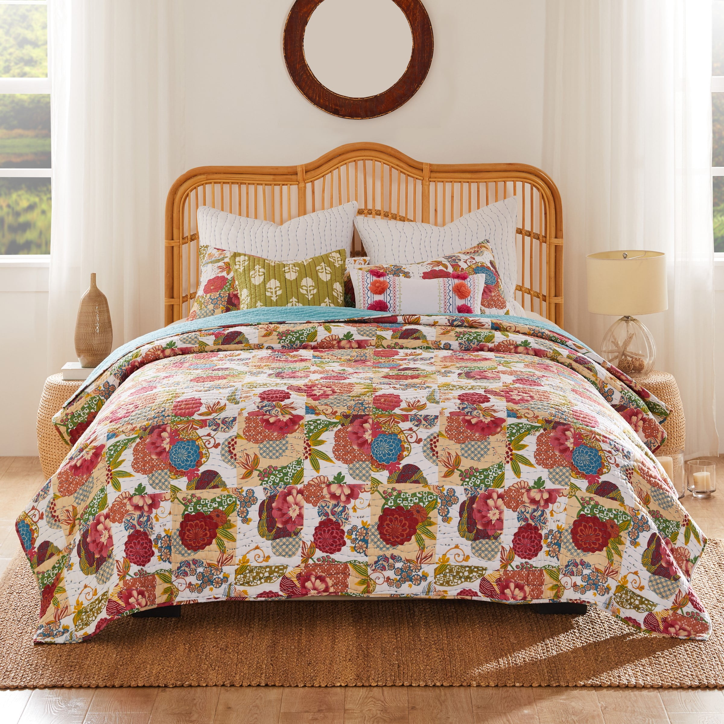 Greenland Home Fashions Jewel Kantha-Stitched Boho White 100% Cotton Quilt Set, 2-Piece Twin-XL