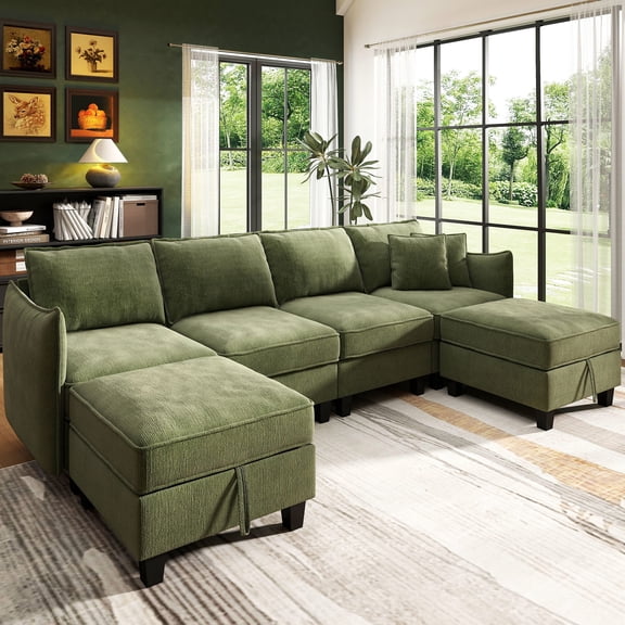 BedLuxury 112" Large Modular Sectional Sofa with 2 Movable Storage Ottoman, Cloud Couch Seats 6, Modern Living Room Furniture, Chenille Green