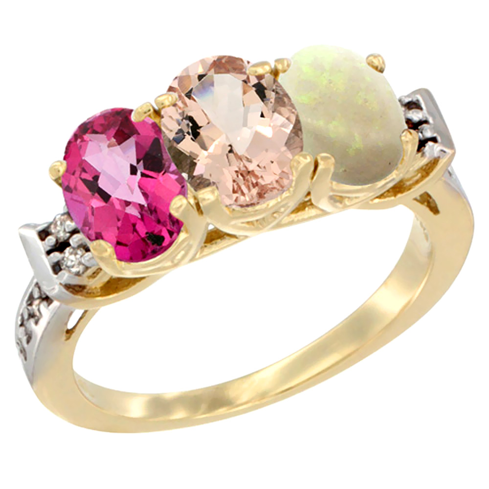 10K Yellow Gold Natural Pink Topaz, Morganite & Opal Ring 3-Stone Oval 7x5 mm Diamond Accent, sizes 5 10 by WorldJewels