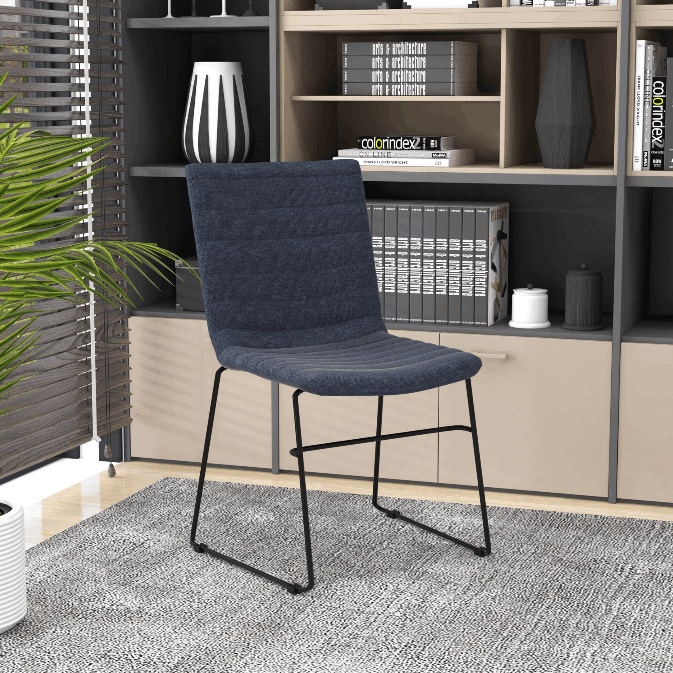LeisureMod Ergonomic Office Chair Upholstered Guest Side Chair Padded Seat and Back Desk Chair with Powder-Coated Stainless Steel Base Zylar Collection in Dark Blue