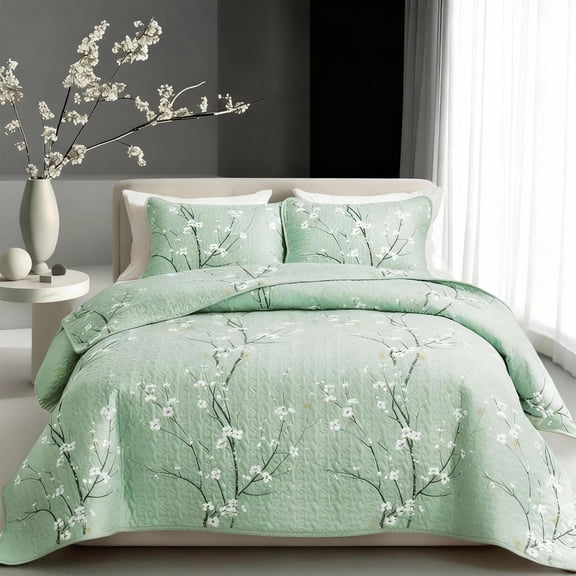 2/3PCS Cherry Blossom Branch Bedspread Set,1pc Quilt   1/2pcs Pillowcase,Wrinkle Resistant Lightweight Breathable Soft Machine Washable All Seasons Usable(Green,Twin)