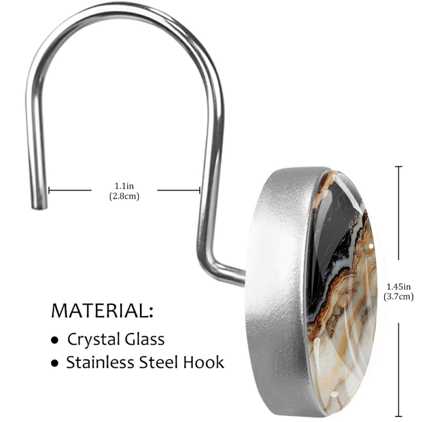 Flow Black Marble Wave Shower Curtain Hooks Round Crystal Glass, Set of 12 Shower Curtain Rings - Shower Hooks for Curtain Shower Rings
