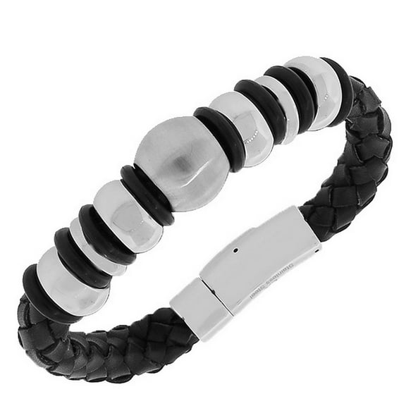 Stainless Steel Silver-Tone Black Leather Braided Men's Bracelet