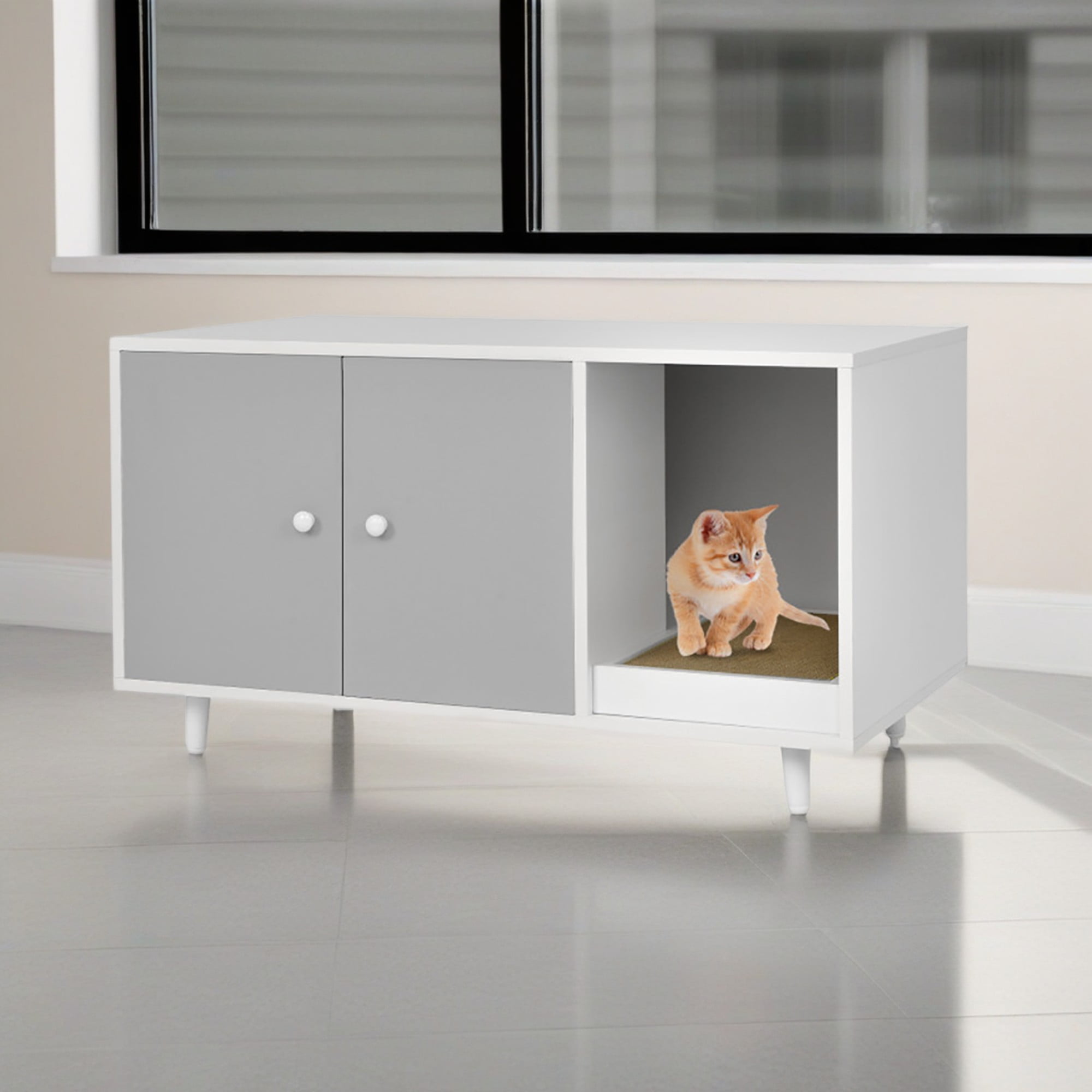 resenkos 35" Hidden Cat Litter Box Enclosure with Divider and Double Doors, Cat House Washroom Furniture, Gray