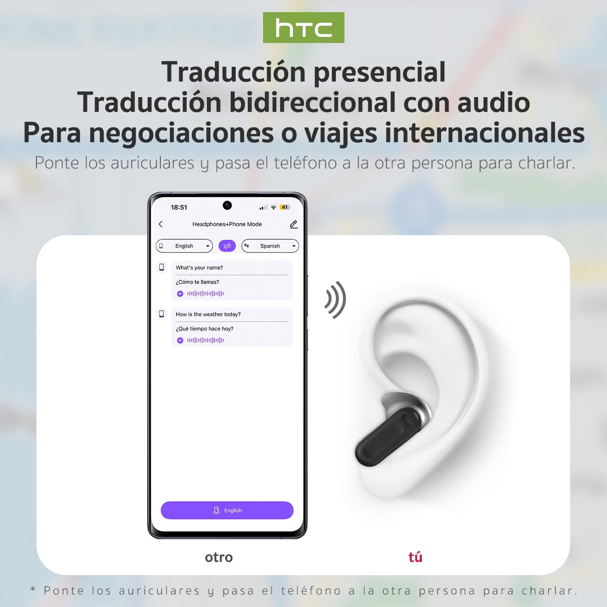 HTC NE20 Translation Bluetooth Earbuds with LED Touchscree in-Ear Earphones for Sports HD Stereo Sound Waterproof IPX4 White