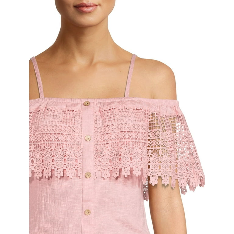 No Boundaries Juniors Button Front Off The Shoulder Top