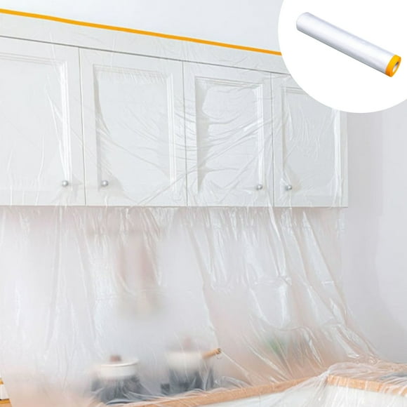 Pgyong 106x787in Plastic Drop Cloth Plastic Sheeting with Masking Tape,Waterproof Protective Masking Film,Prevent Dust Paint for Car,Furniture,Carpet,Floor,1 Pack