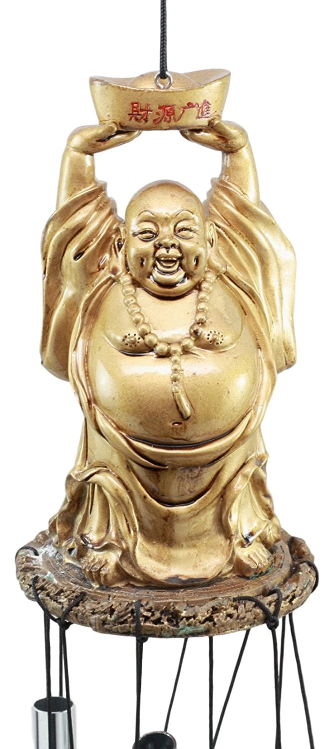 Ebros Feng Shui Lucky Buddha With Golden Nugget Wind Chime 23" Long Resin Crown With Aluminum Rods Fortune Buddha Hotei Wind Chime Home Patio Garden Decor