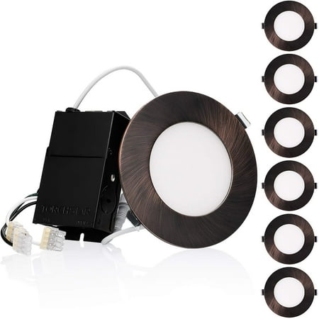 

BTLINK E-Lite Series 4 Inch Ultra Thin LED Recessed Lights with J-Box Dimmable Canless Slim Downlight CRI90+ ETL & ES Listed 10.5W 5000K Daylight Oil Rubbed Bronze Pack of 6