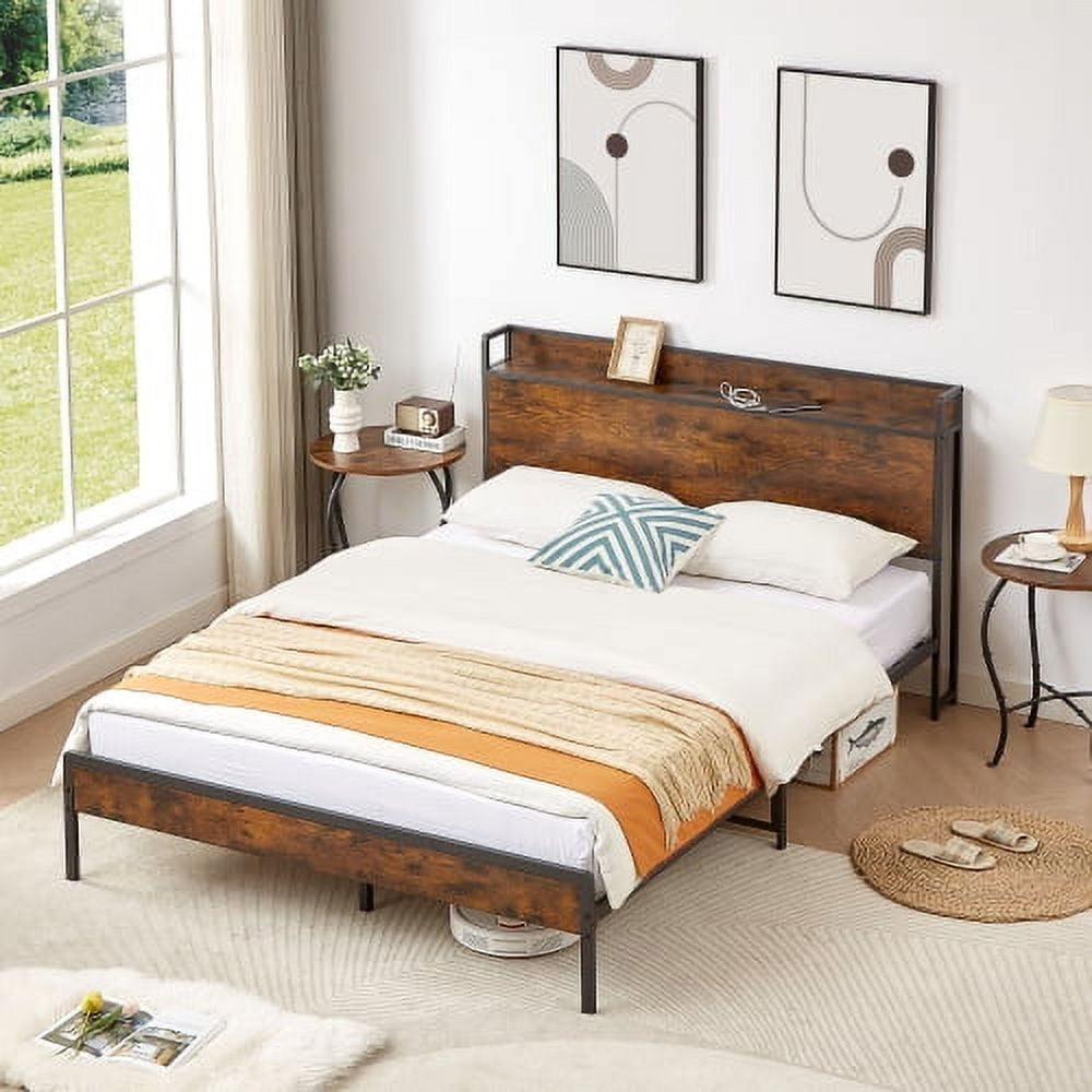 BSHTI Bed Frame with Charging Station Queen Size,Rustic Brown,87.80'' L x 61.80'' W x 39.2'' H