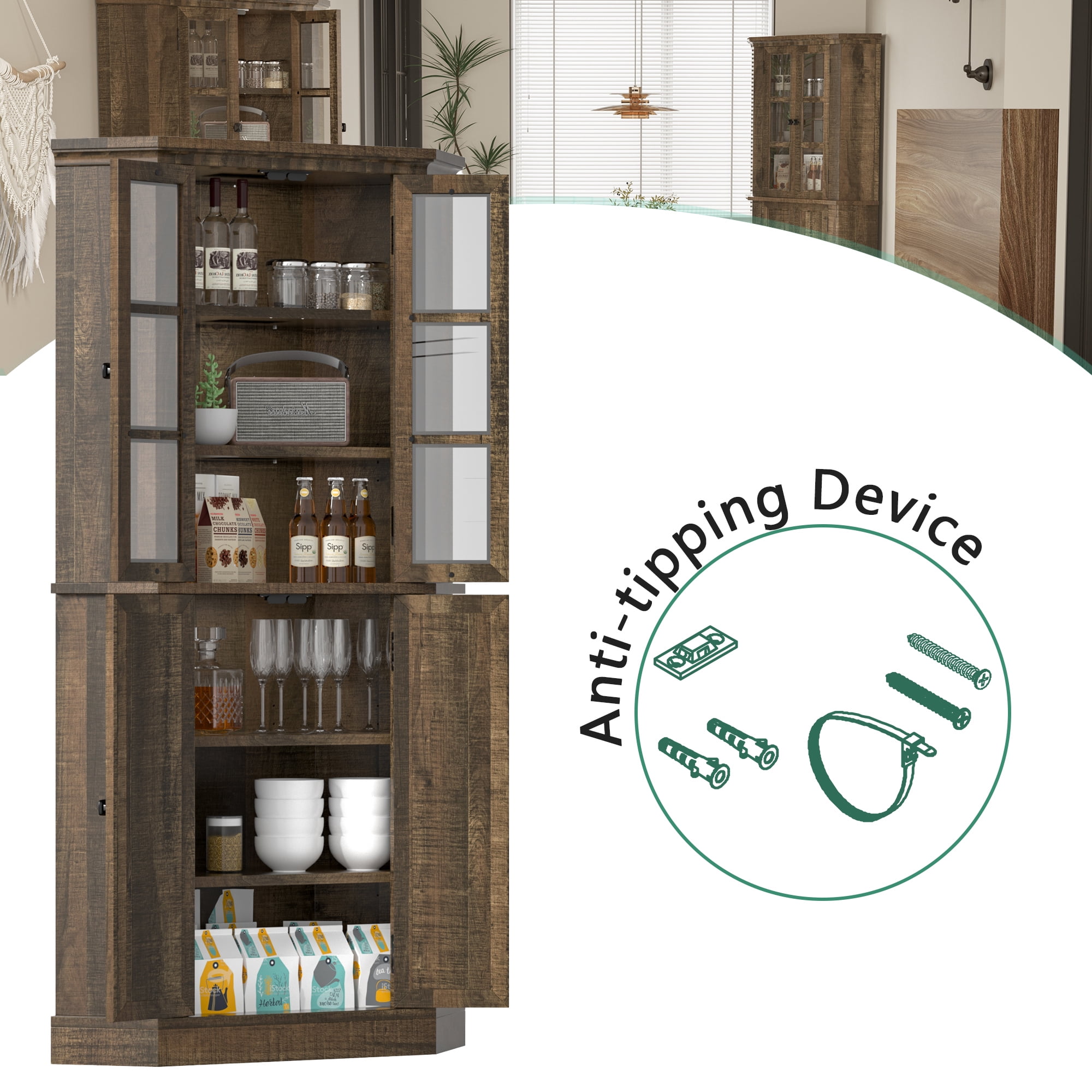 GetYes 67-Inch Corner Pantry Cabinet, 6-Tier Farmhouse with Glass Doors