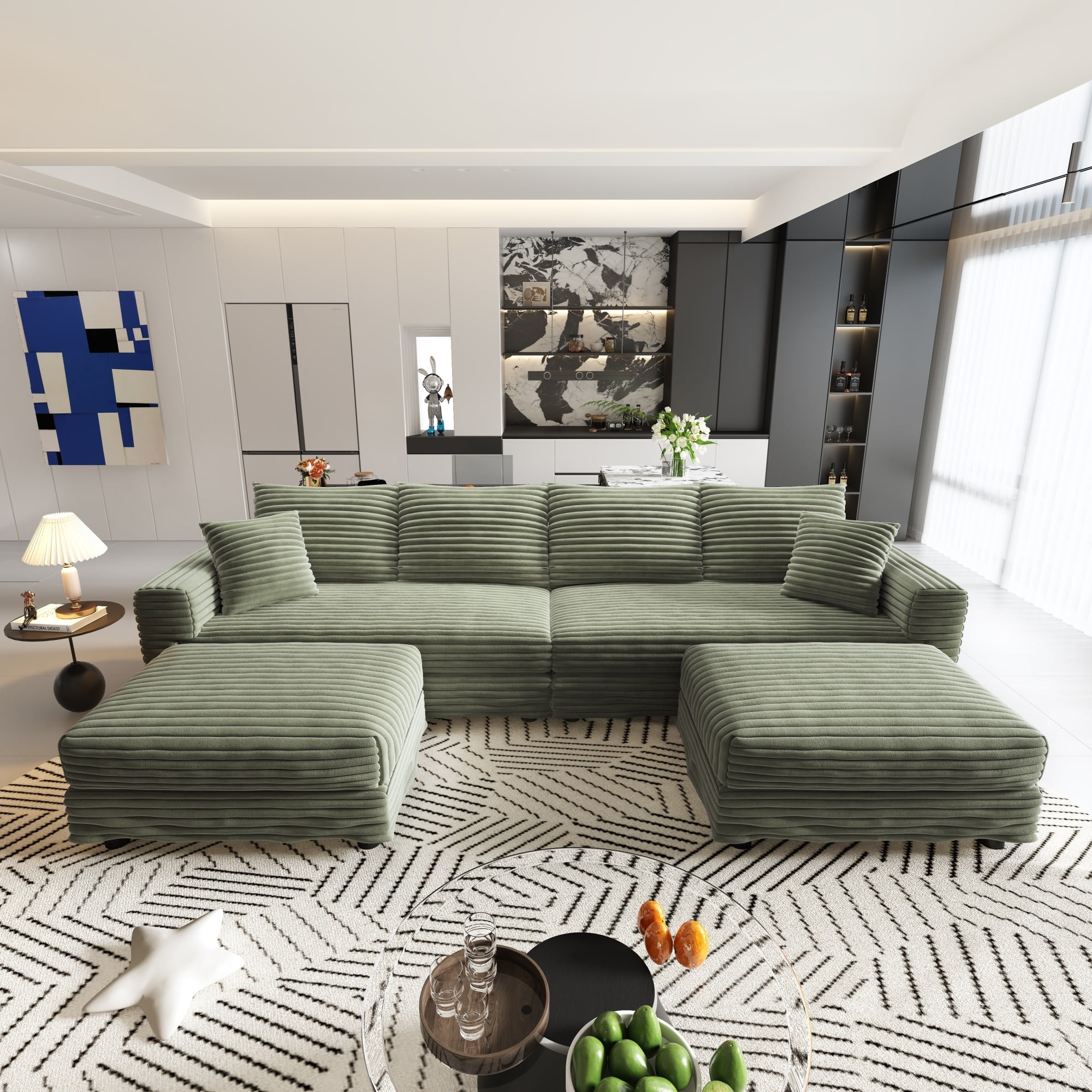 Alvantor 4-Seat Sofa with 2 Movable Ottomans 102" W Corduroy Upholstered Deep Seat Couches U Shaped Convertible Chaise for Living Room, Apartment Green