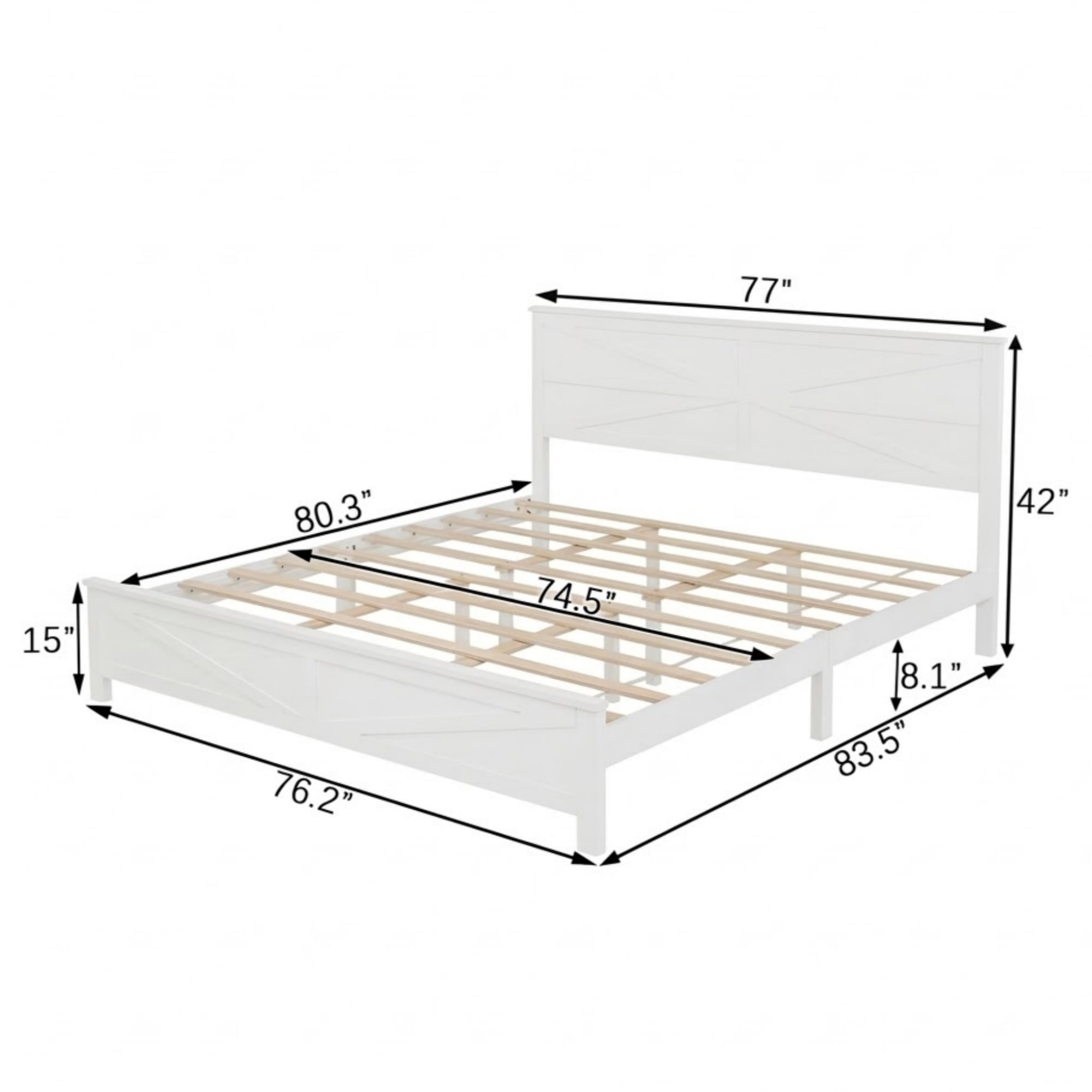 Mintazer Farmhouse King Size Platform Bed with Under-Bed Storage, Platform Bed Frame with Headboard & Footboard for Bedroom, White
