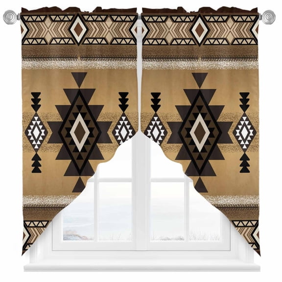 Swag Curtains Valances for Windows, Brown Southwest Tribal Pattern Short Kitchen Window Curtains Over Sink, Boho Retro Ethnic Style Cafe Curtains Panel Set Of 2,Rod Pocket, 36 Inches Length