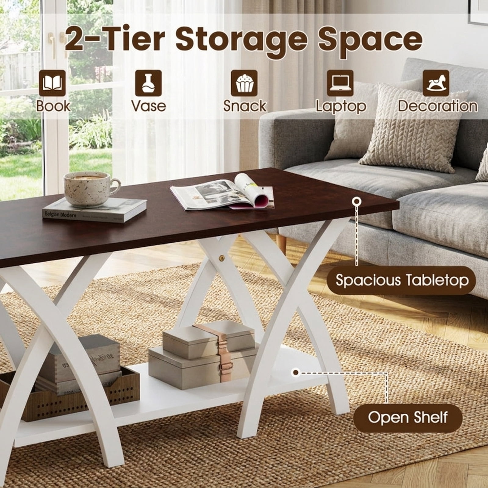 Furnibear 40 Inch Farmhouse Wooden 2-Tier Coffee Table with Storage Shelf for Living Room - Walnut - Living Room Cocktail Center Table