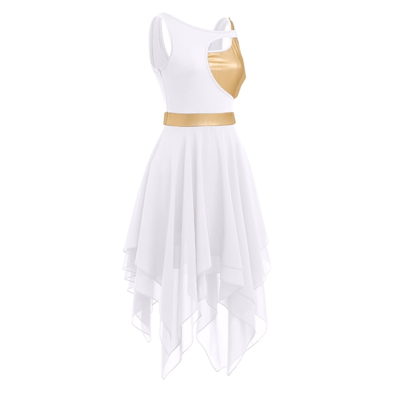 white chiffon dance dress Ibtom Castle Women's Lyrical Costume Shiny Metallic Lyrical Asymmetric Flowy Skirt Contemporary Dance Clothes M White, Size Neckline:OFF-SHOULDER Color Code:191 Dark Emerald, Emerald Green Strapless Classic Solid Color and