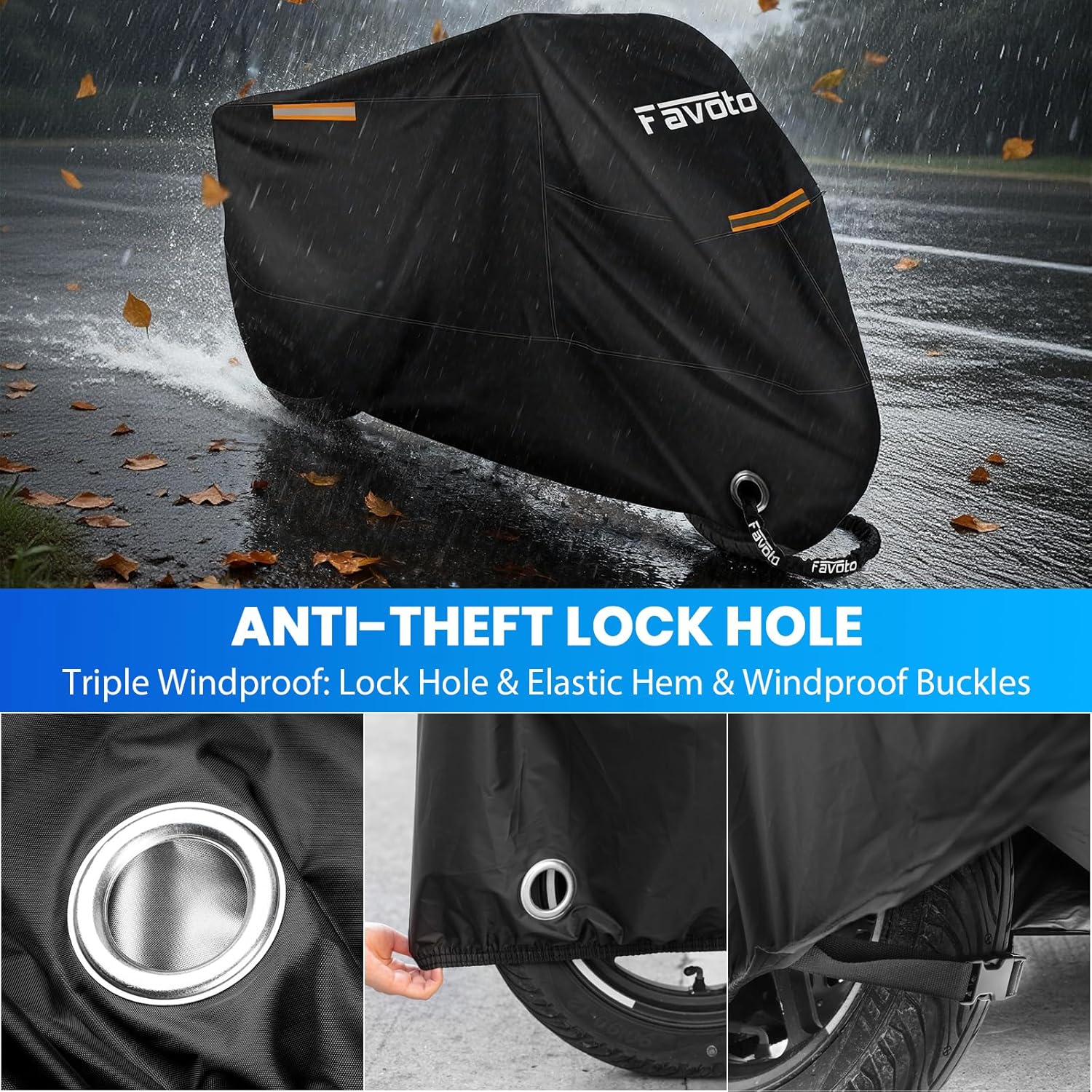 Favoto Motorcycle Cover Waterproof All Season Sun Outdoor Protection Windproof Night Reflective with Lock-Holes Storage Bag Universal Fits up to 116" Motorcycles Vehicle Motorbike Cover