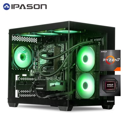 IPASON Gaming Desktop PC, Ryzen7 5700X, RX 9060 XT 8GB, 16GB DDR4,1TB NVMe SSD,550W PSU, Liquid Cooler,Wi-Fi,RGB Fans, Windows 11,Prebuilt Gaming Pc New Computer