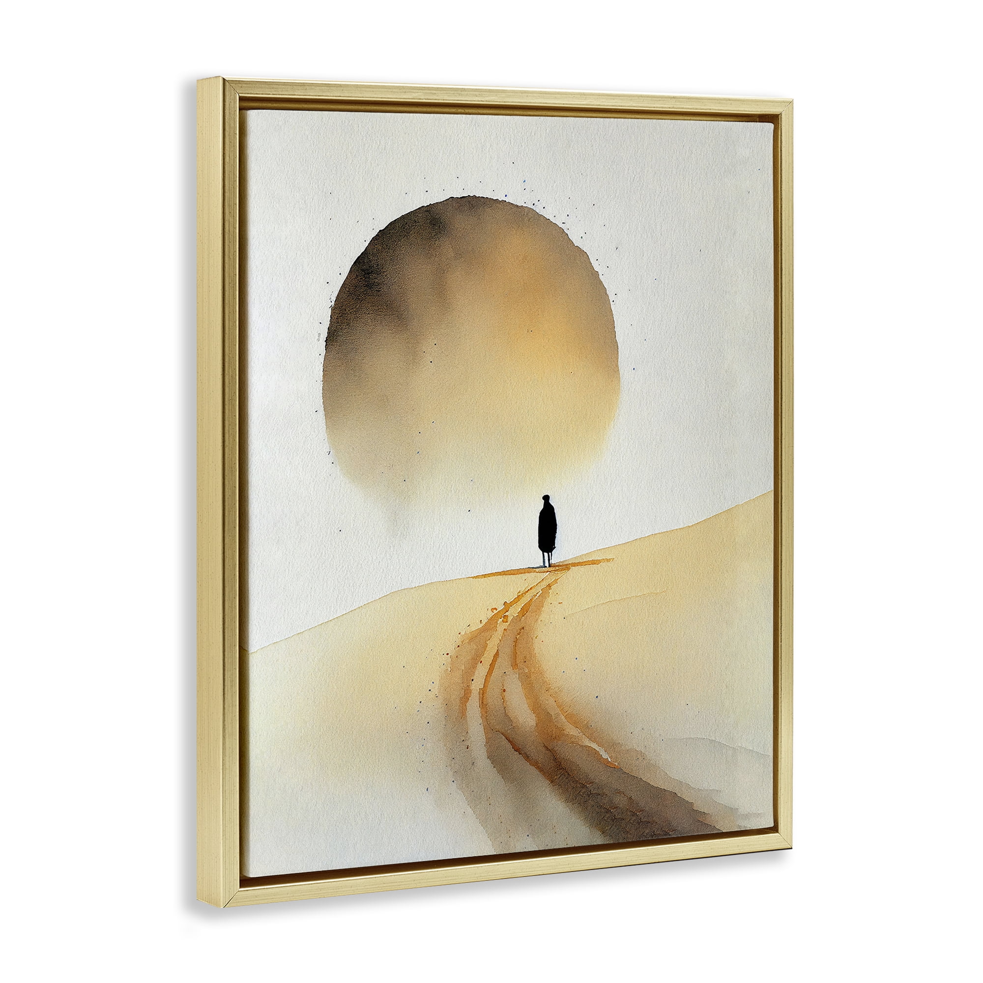 Stupell Industries Person Walking Desert Dunes Landscape Painting Gold Floater Framed Canvas Art Print Wall Art, 17 x 21