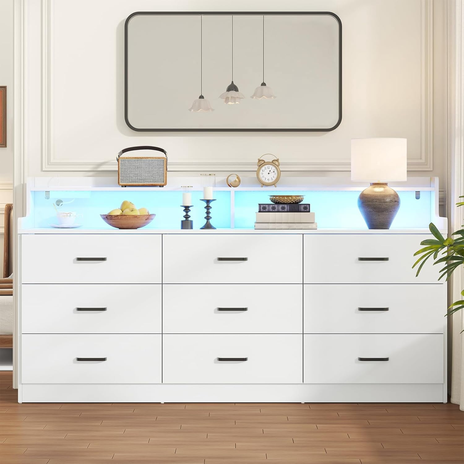 VVFLU Modern Dresser for Bedroom with LED Light, 9 Drawer White Dresser with Charging, Wooden Chest of Drawers, Large TV Stand for Bedroom