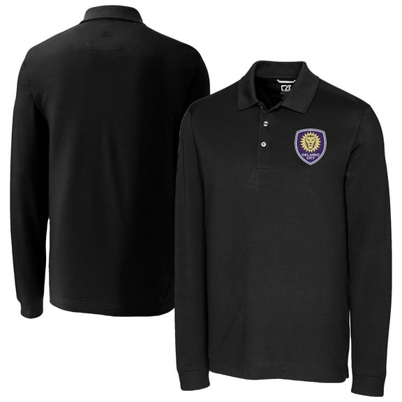 Men's-Cutter & Buck  Black Orlando City SC Advantage Eco Tri-Blend Pique Long Sleeve Polo