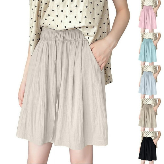 Ashirexll Shorts for Women, Womens Shorts Casual, Ladies' Summer Thin Casual and Comfortable Ice Silk Drying Side Pockets Wide Legs Elastic Waist Drawstring Five Quarter Pant