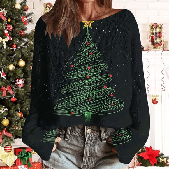 Fankiway Womens Oversized Long Sleeve T Shirts Women's Christmas Printed Casual Round Neck Long Sleeve Pullover Sweater Knit Pullover 2025 Fall Fashion Graphic Crochet Tops Hippie Clothes Black M