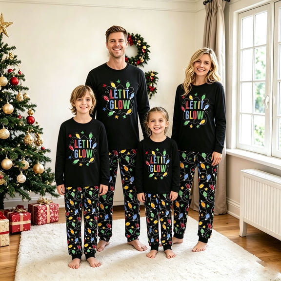 AIGUR Family Matching Christmas Pajama Set Colorful String Lights Print Long Sleeve Tops Pants Set Sleepwear Loungewear