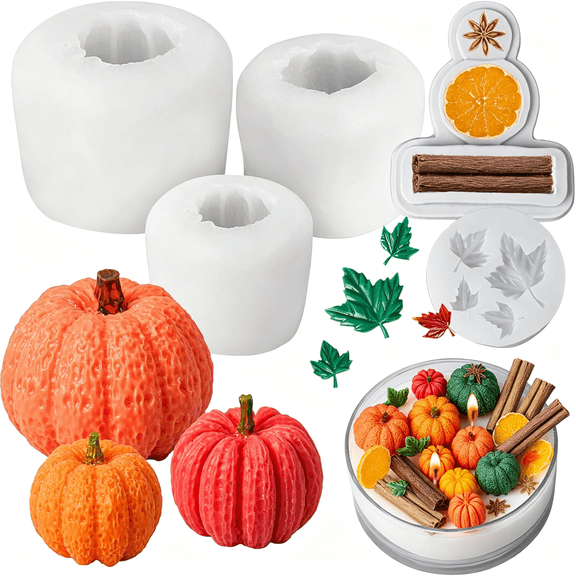 HBMYN 5 Pack Pumpkin Silicone Mold for Candles 3D Pumpkin, Candle Molds with Leaf Lemon Star Anise Cinnamon Fall