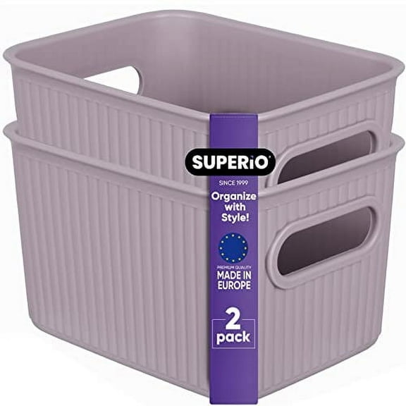 Superio Small Ribbed Plastic Storage Basket Organizer (2 Pack), Mini Stackable Closet Storage Bin for Home, Shelf, Desk, Pantry Toys, Clothes, Cosmetics, Stationary (Lilac, 1.5 Liter)