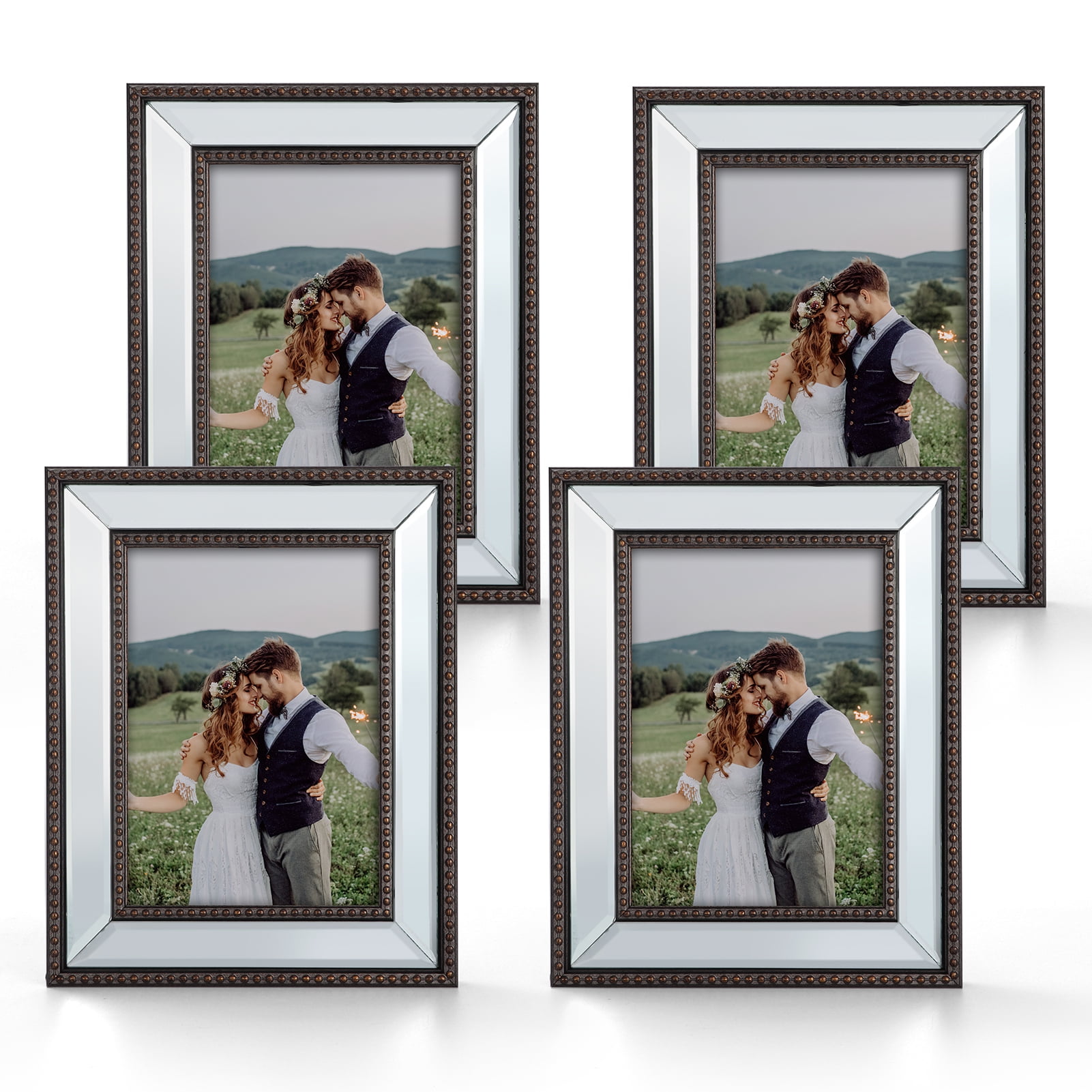5x7 Glass Picture Frames Set of 4,Black Glass Mirror Photo Frame for Wall and Tabletop Display
