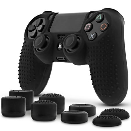 Fosmon PS4 Controller Skin with 8 Thumb Grips, Anti-Slip Silicone Grip Cover Protector Case Compatible with Sony Playstation PS4 Slim / PRO 4 DualShock Controller (Black)