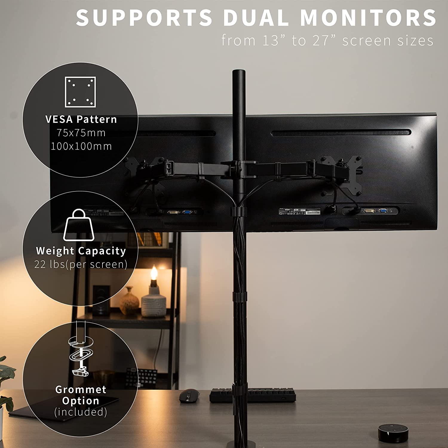 Dual Monitor Stand  Desk Mount  Tall 39 inch Pole Fully Adjustable for 13 to 27 inch Screens Black STAND-V012