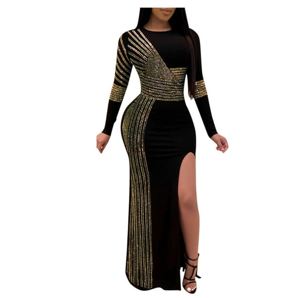 Womens Dresses Clearance Plus Size Women Dress Party Dress Evening Gown Side Slit Long Sleeve Prom Dress Gold M JE