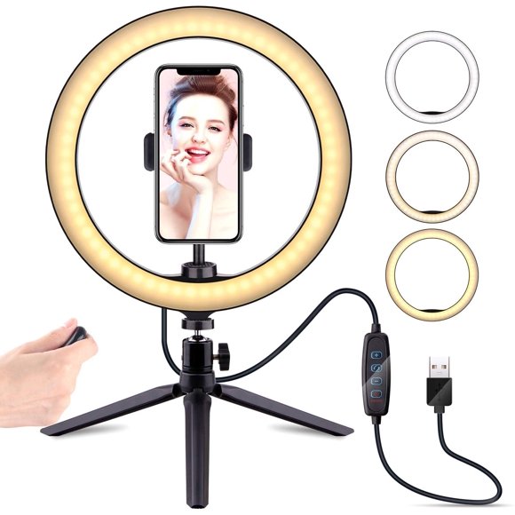 10" Selfie Ring Light with Tripod Stand ,Dimmable Desktop LED Lamp Camera Ringlight with Wireless Remote Shutter for Live Stream/Makeup/YouTube Video