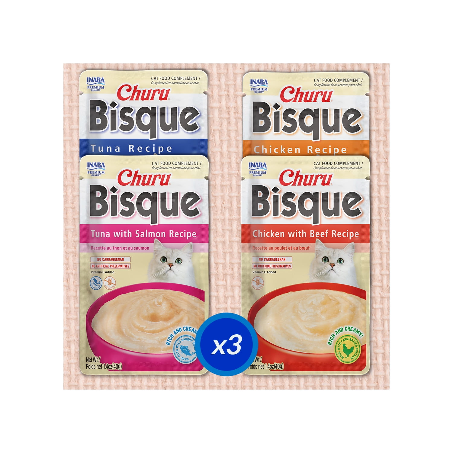 Inaba Churu Bisque Lickable Wet Cat Topper, 1.4 oz Pouch, 12 Pouches, Tuna & Chicken Var.