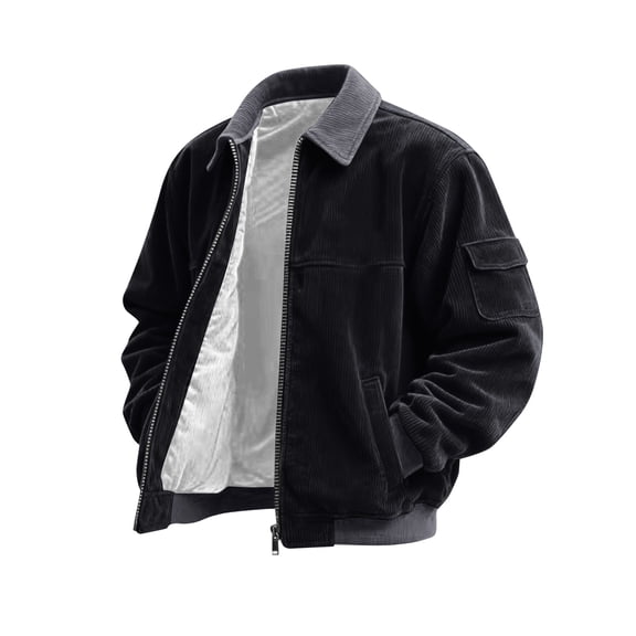 Men's Plus Size Colorblock Corduroy Jacket - Casual Sports Style with Pocket & Zipper, Black, L