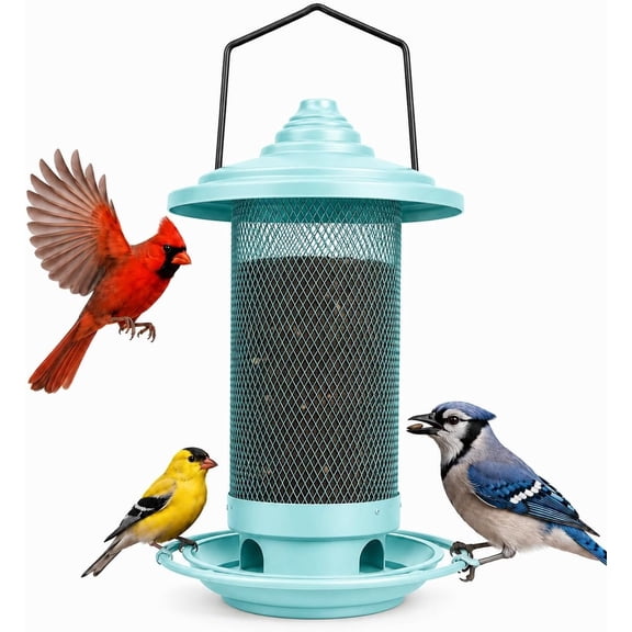 Happy Wings Metal Mesh Tube Bird Feeder for Outdoor Hanging, Premium Seed Feeder with 360-degree Perch, Durable Garden Wild Bird Feeder- Teal
