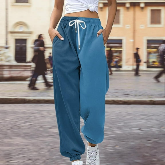 AKEGAMN Fashion Loose Color Blocking Gradient Casual Pants with Drawstring, Blue S-XXL