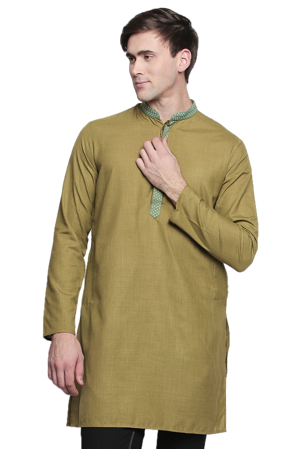 InSattva Men's Indian Band Collar Classic Kurta Tunic With Embroidered Placket