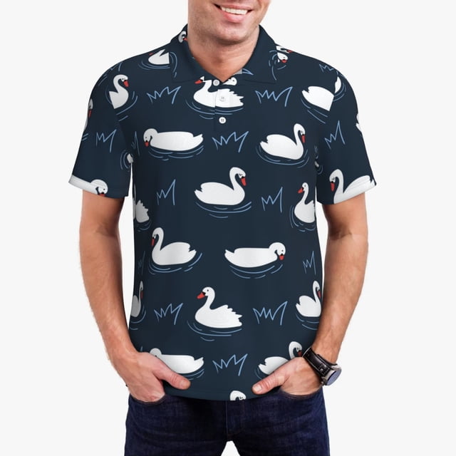 Balery Cartoon Swan Camisa Polo de Hombre con Estampado, de Manga Corta y Tejido Medio, Camisa Tipo Golf Polo-Large