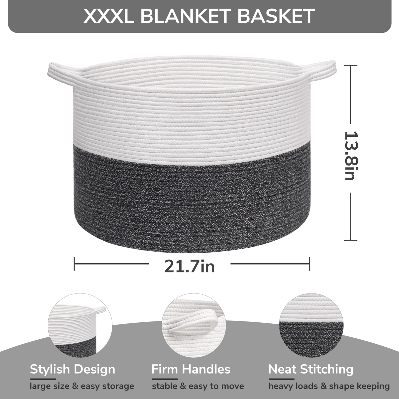 Timeyard Large Woven Laundry Hamper Basket - Decorative Storage Organizer for Living Room, Holds Toys Pillows Blankets Clothes - 21.7" x 21.7" x 13.8"-gray