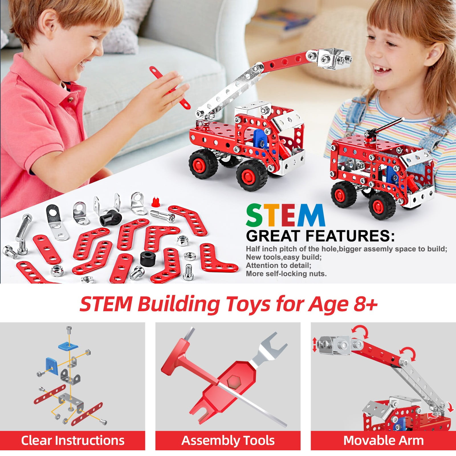 Building Kit Toys, Motorized Erector Sets for Kids Ages 4 5 6 7 8+,STEM Building Toys for Boys Girls 3-5 4-8 5-7 6-8 Year Old, Assembly Car Engineering Kit,Creative Educational Learning Toys