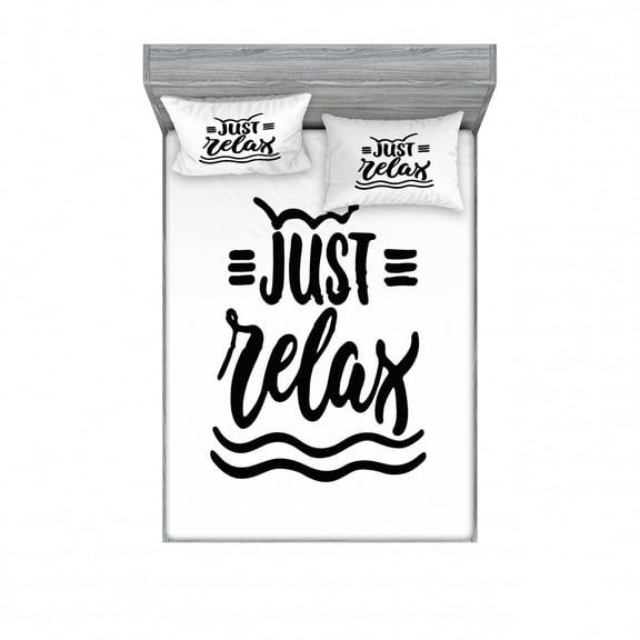 Saying Bedding Set with Sheet & Covers, Funky Brushed Ink Calligraphic Just Relax Lettering with Doodled Wavy Stripes, Printed Bedroom Decor 2 Shams, 4 Sizes, Black and White, by Ambesonne