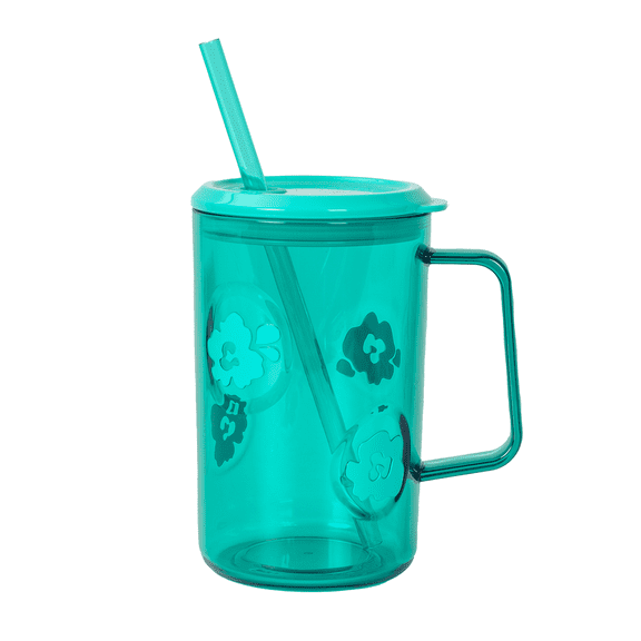 Mainstays 20oz Plastic Jelly Mug with Lid, Straw & Handle, Green, Floral