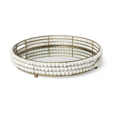 HomeRoots 376042 21 in. Gold Metal with Wooden Bead Frame & Mirrored Glass Bottom Round Tray