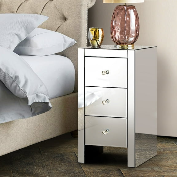 Zimtown 3-Drawer Mirrored Nightstand End Tables Bedside Table for Bedroom, Living Room, Silver