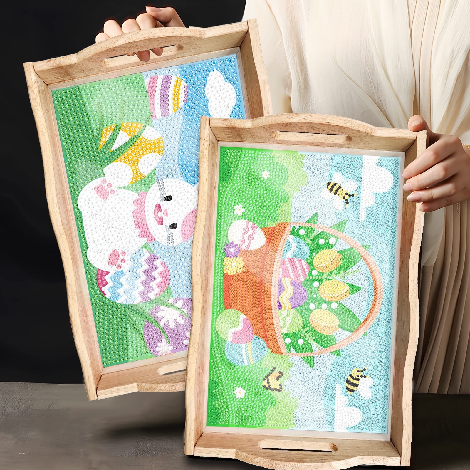 FLOPESN 2Pcs Easter Bunny DIY Diamond Art PaintingTray, Creative Design Handmade Wooden Dinner Plate For Kitchen、Coffee Shop